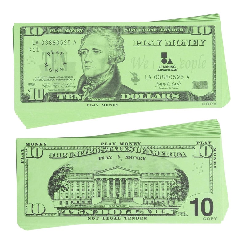 Learning Advantage Ten Dollar Play Bills - Set of 100 $10 Paper Bills - Designed and Sized Like Real US Currency - Teach Currency, Counting and Math with Play Money - Image 1